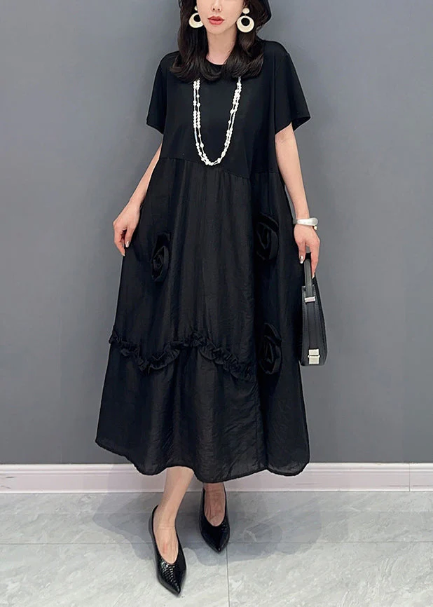 Black Patchwork Cotton Long Dress O Neck Ruffled Summer - Image 3