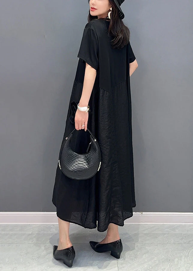 Black Patchwork Cotton Long Dress O Neck Ruffled Summer - Image 4