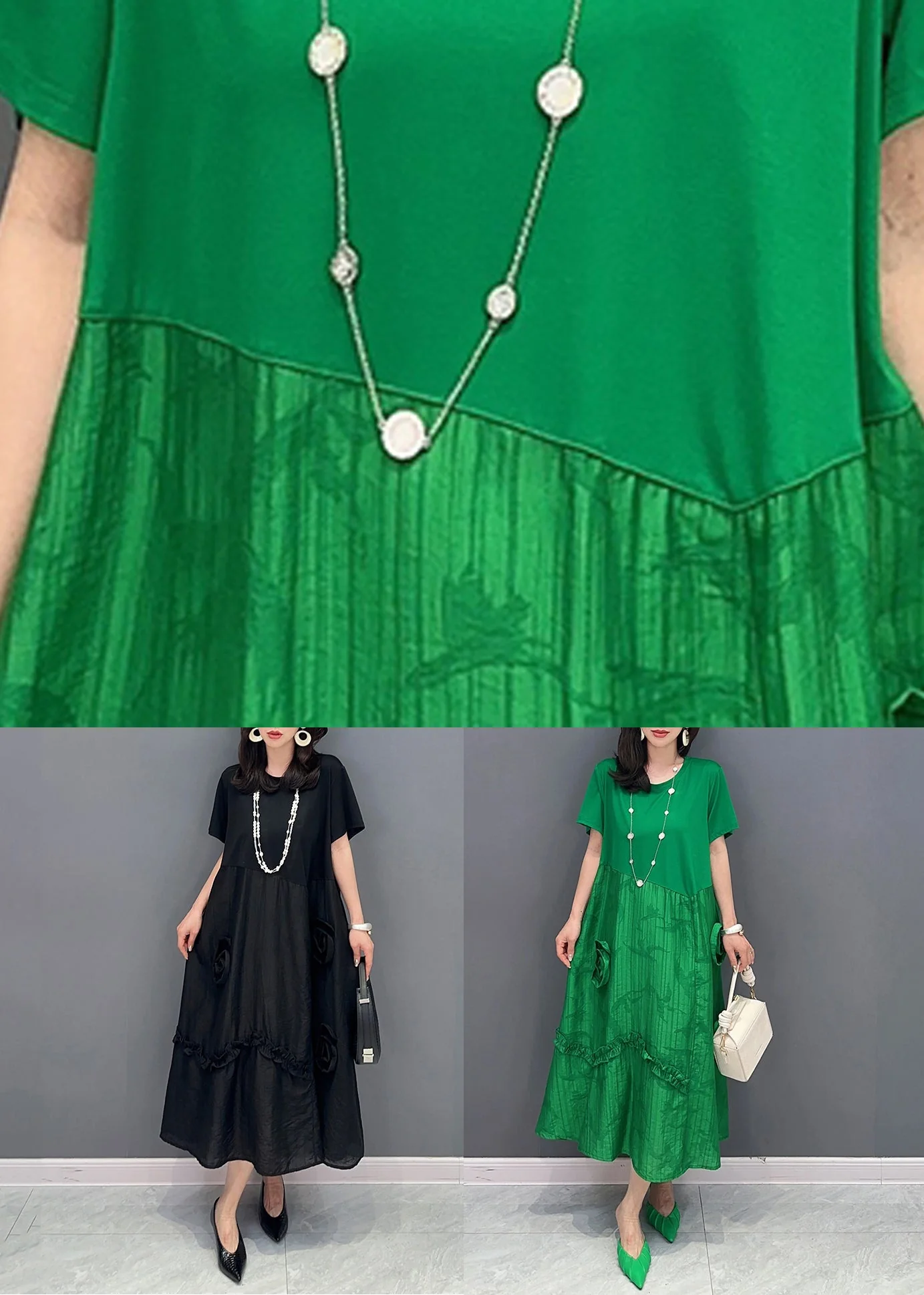 Black Patchwork Cotton Long Dress O Neck Ruffled Summer - Image 5