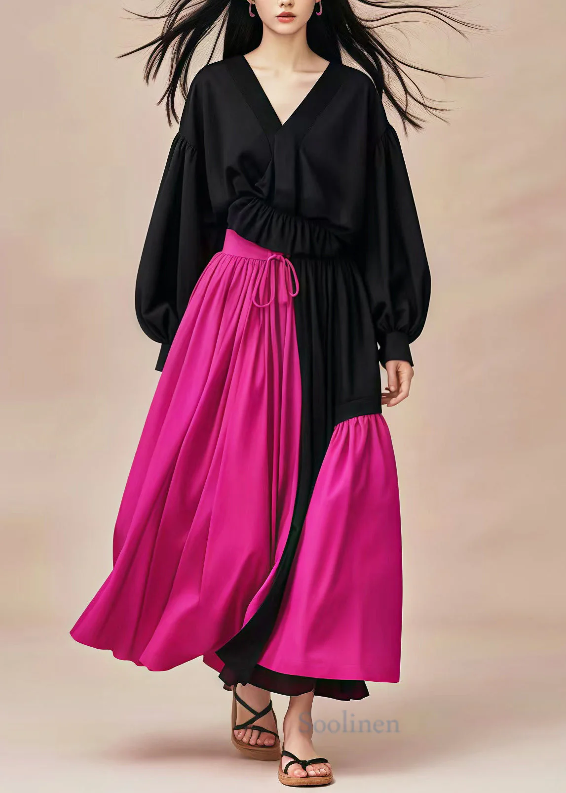 Black Patchwork Cotton Long Dress V Neck Cinched Spring - Image 2