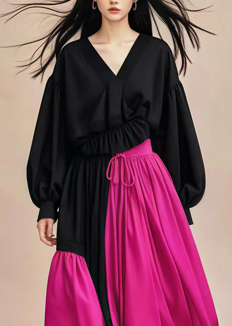 Black Patchwork Cotton Long Dress V Neck Cinched Spring - Image 3