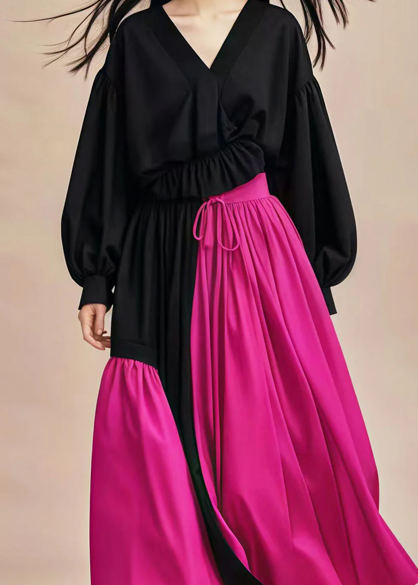 Black Patchwork Cotton Long Dress V Neck Cinched Spring - Image 4
