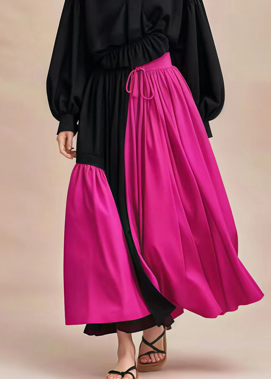 Black Patchwork Cotton Long Dress V Neck Cinched Spring - Image 5