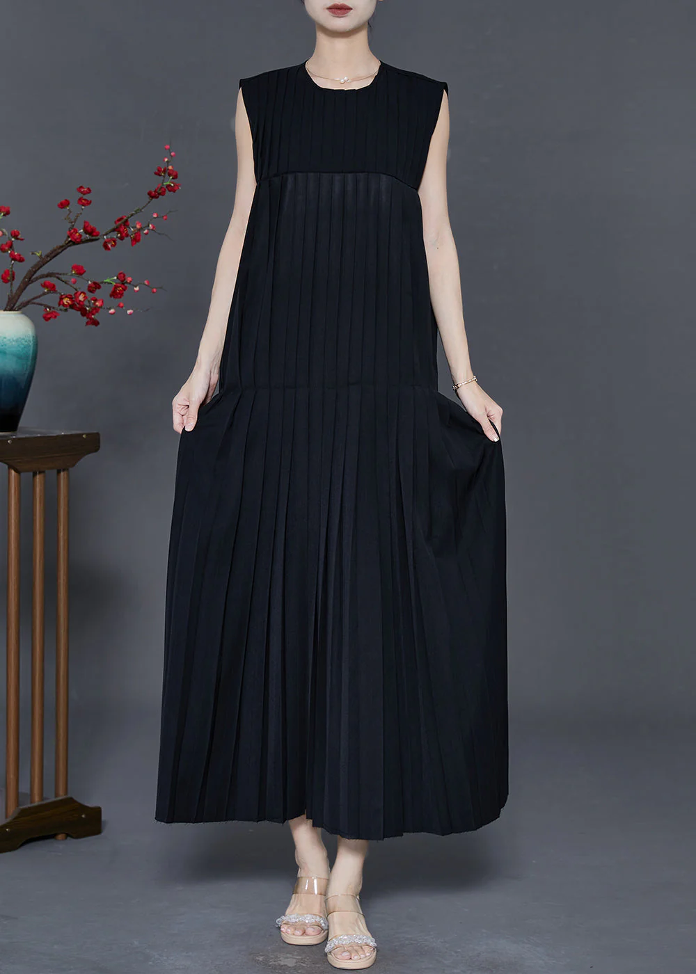 Black Patchwork Cotton Long Dress Wrinkled Sleeveless - Image 3