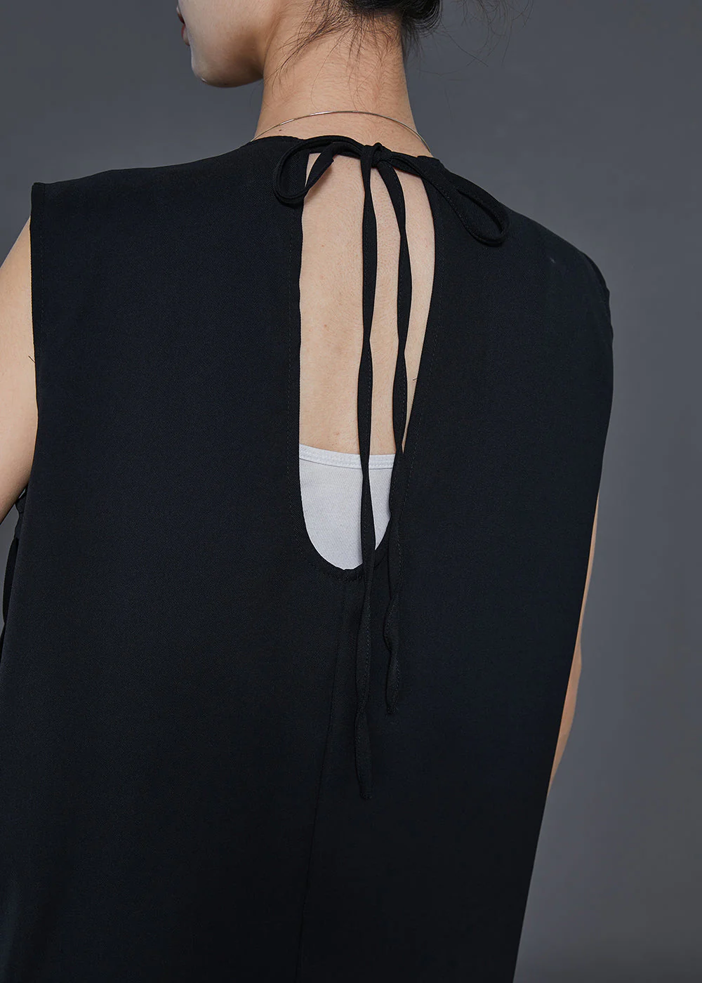 Black Patchwork Cotton Long Dress Wrinkled Sleeveless - Image 5