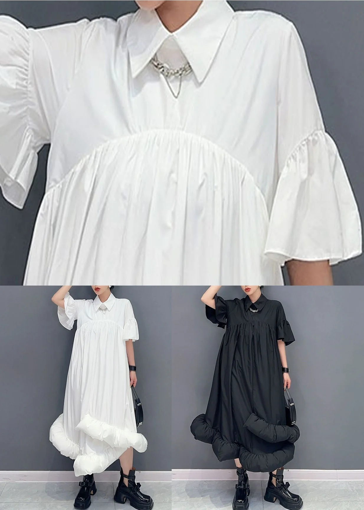 Black Patchwork Cotton Long Dresses Peter Pan Collar Wrinkled Summer - Image 5