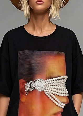 Black Patchwork Cotton Long Tops Oversized Print Pearl Summer - Image 2