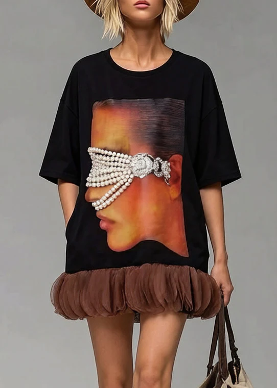 Black Patchwork Cotton Long Tops Oversized Print Pearl Summer - Image 3