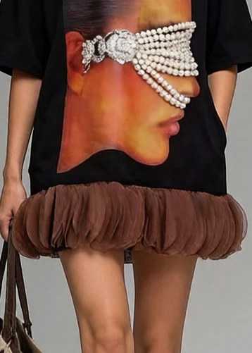 Black Patchwork Cotton Long Tops Oversized Print Pearl Summer - Image 4