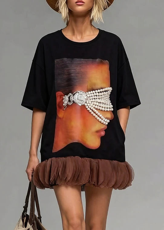 Black Patchwork Cotton Long Tops Oversized Print Pearl Summer - Image 5