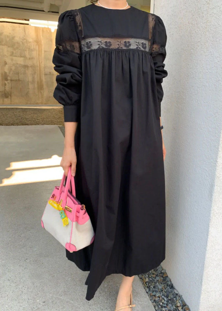 Black Patchwork Cotton Maxi Dress Hollow Out Lace Spring - Image 2