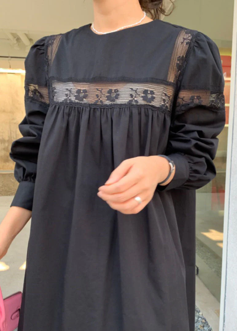 Black Patchwork Cotton Maxi Dress Hollow Out Lace Spring - Image 4