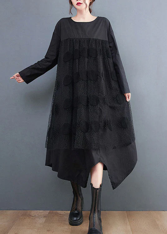 Black Patchwork Cotton Maxi Dresses Asymmetrical Spring - Image 3