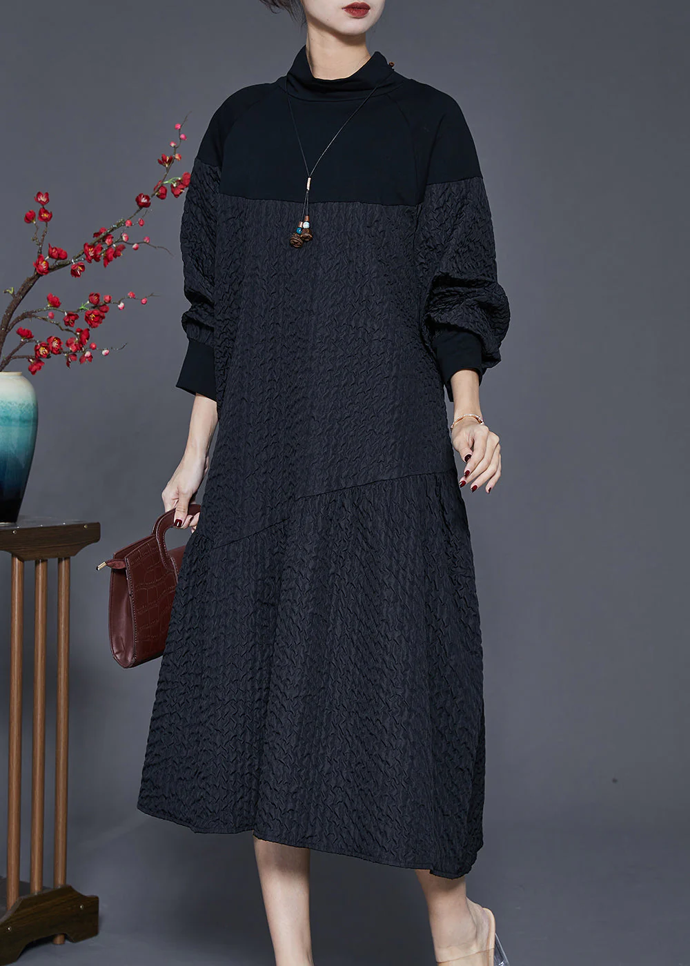 Black Patchwork Cotton Maxi Dresses Turtle Neck Spring - Image 2