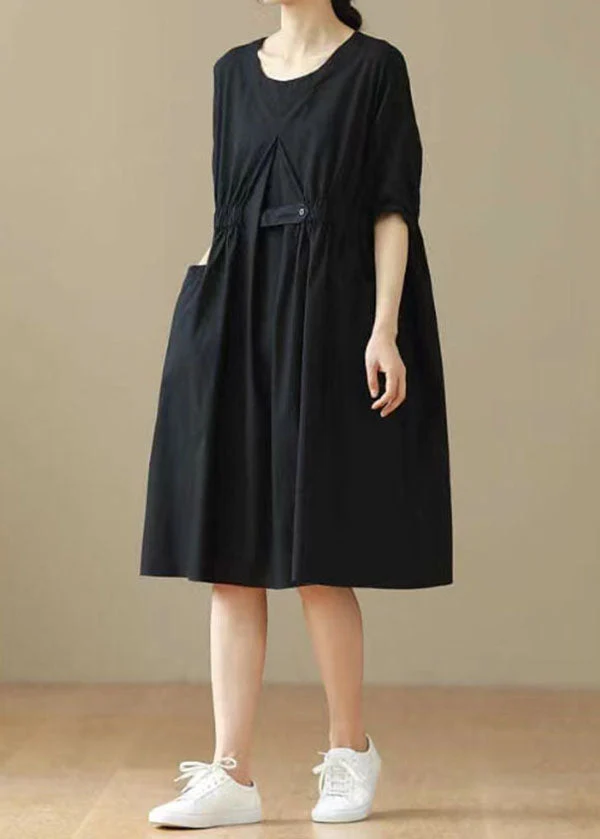 Black Patchwork Cotton Mid Dresses O Neck Wrinkled Summer - Image 2