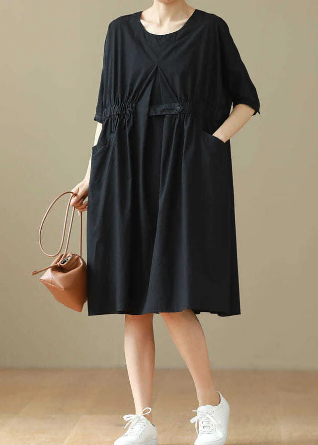Black Patchwork Cotton Mid Dresses O Neck Wrinkled Summer - Image 3