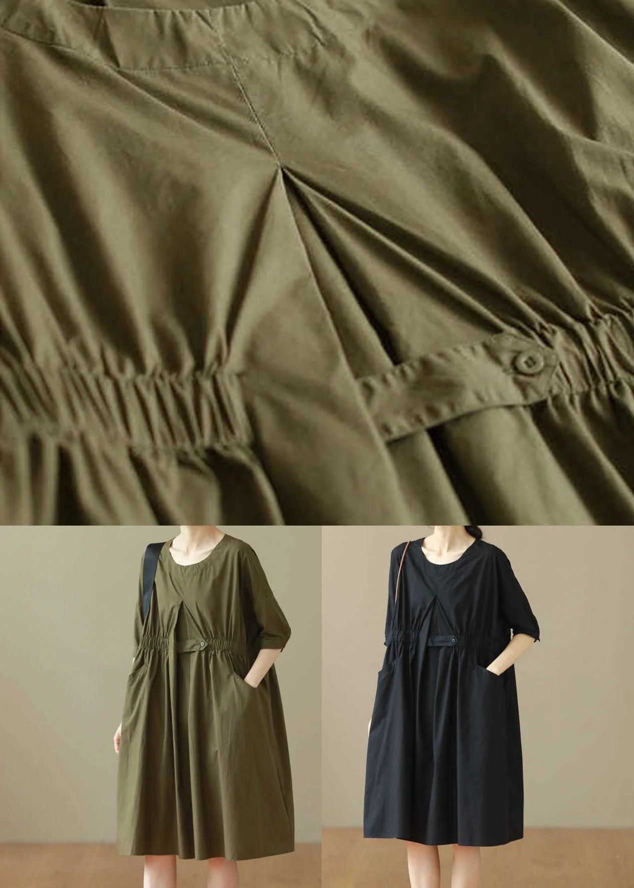 Black Patchwork Cotton Mid Dresses O Neck Wrinkled Summer - Image 5