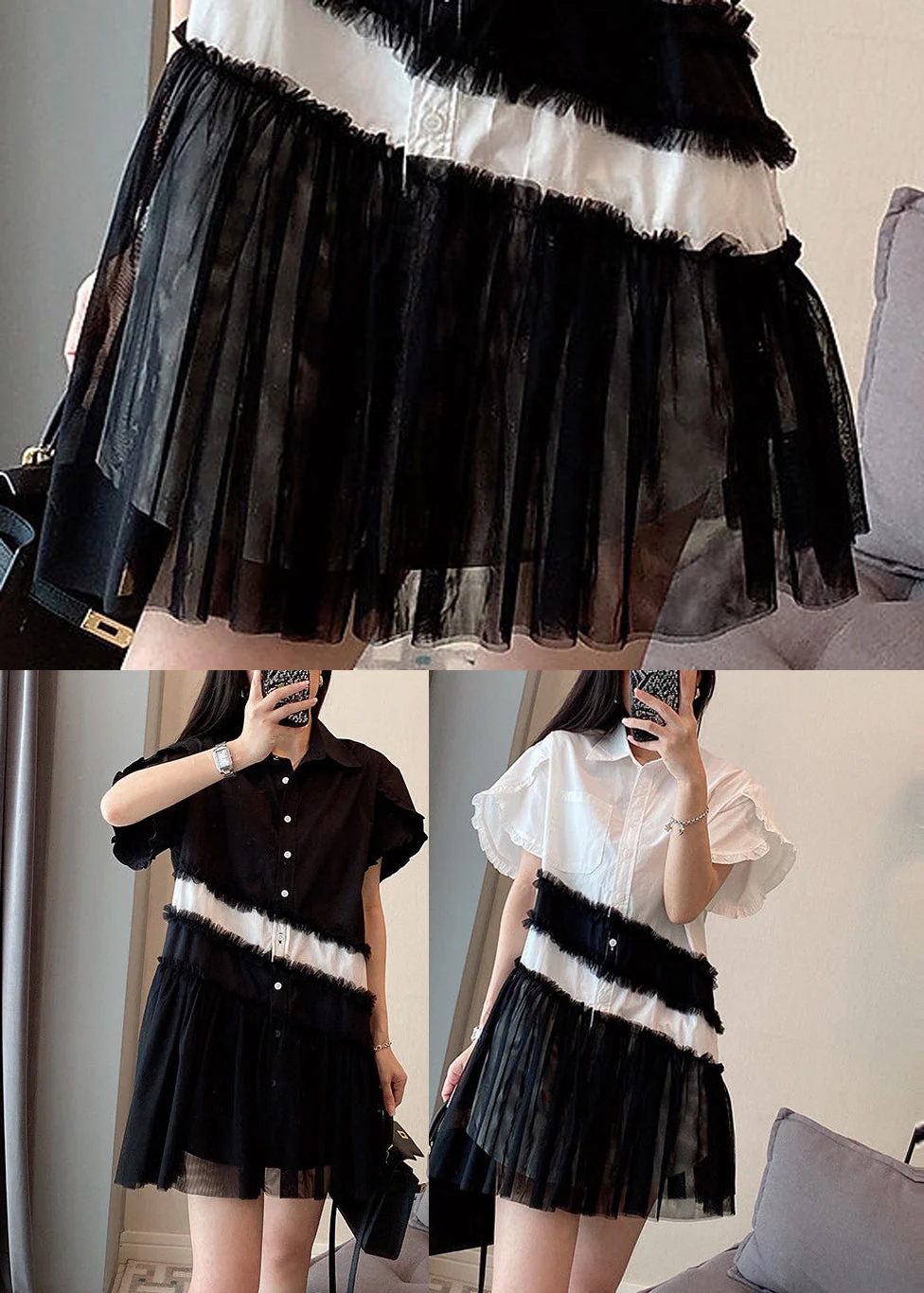 Black Patchwork Cotton Mini Dresses Oversized Wrinkled Summer - Image 5