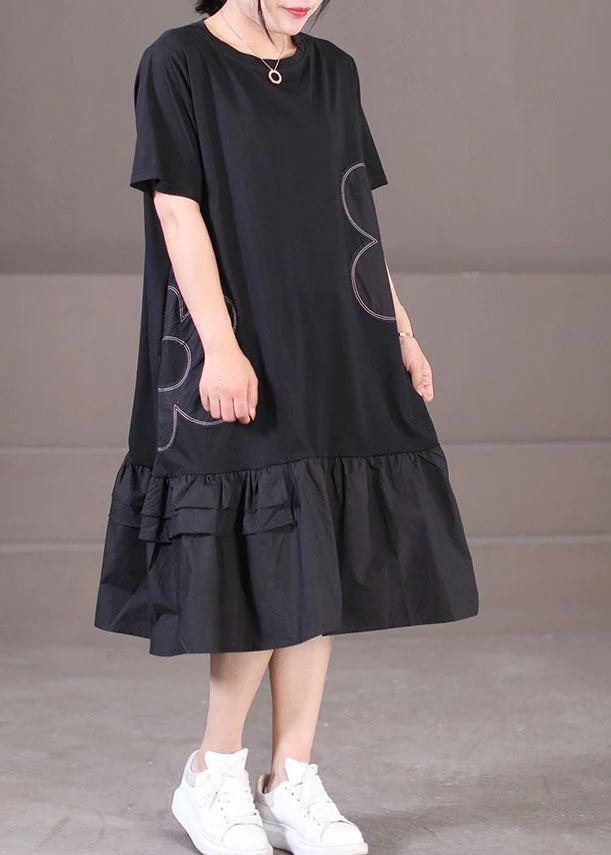 Black Patchwork Cotton Pleated Dress O-Neck Solid Color Short Sleeve - Image 3