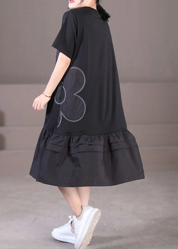 Black Patchwork Cotton Pleated Dress O-Neck Solid Color Short Sleeve - Image 4