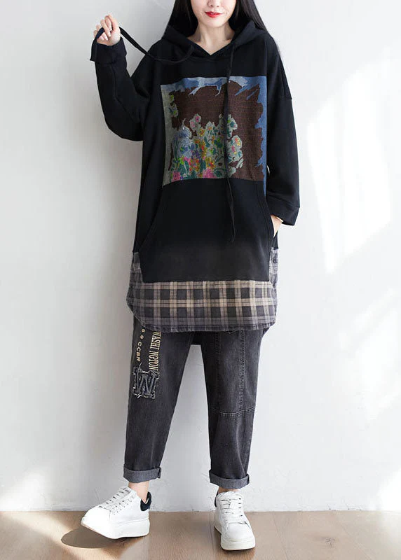 Black Patchwork Cotton Pullover Sweatshirt Dress Oversized Print Spring - Image 2