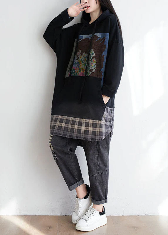 Black Patchwork Cotton Pullover Sweatshirt Dress Oversized Print Spring - Image 3