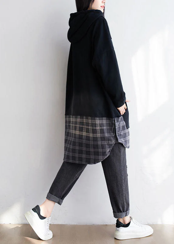 Black Patchwork Cotton Pullover Sweatshirt Dress Oversized Print Spring - Image 4