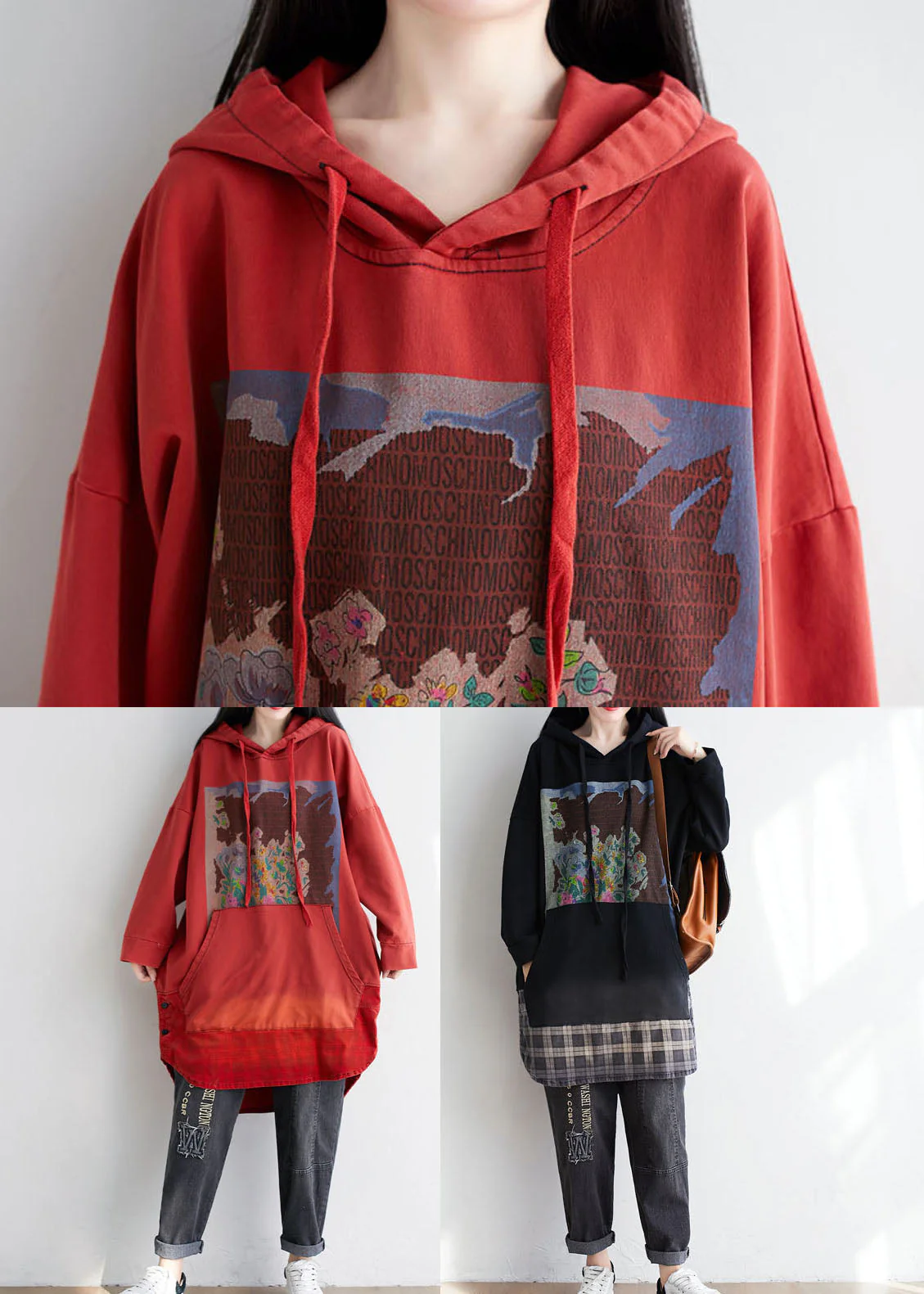 Black Patchwork Cotton Pullover Sweatshirt Dress Oversized Print Spring - Image 5