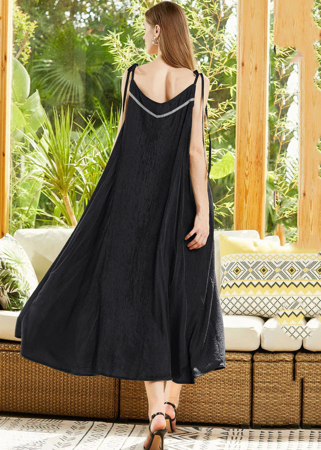 Black Patchwork Cotton Spaghetti Strap Dress Exra Large Hem Summer - Image 4