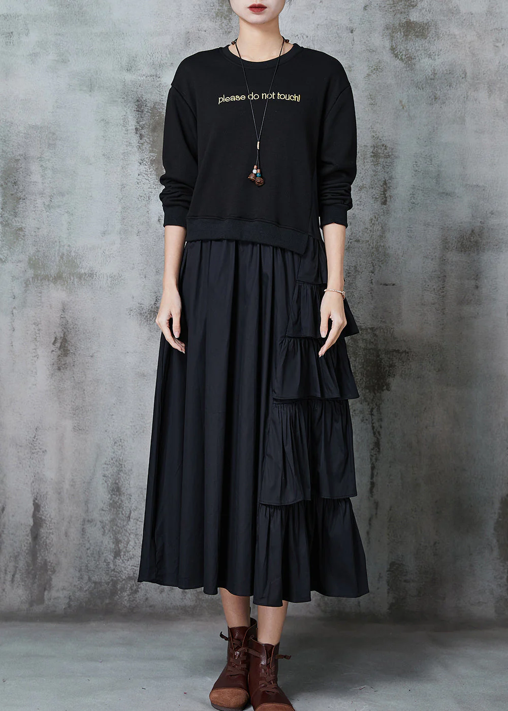 Black Patchwork Cotton Sweatshirt Dress Layered Ruffled Spring - Image 2
