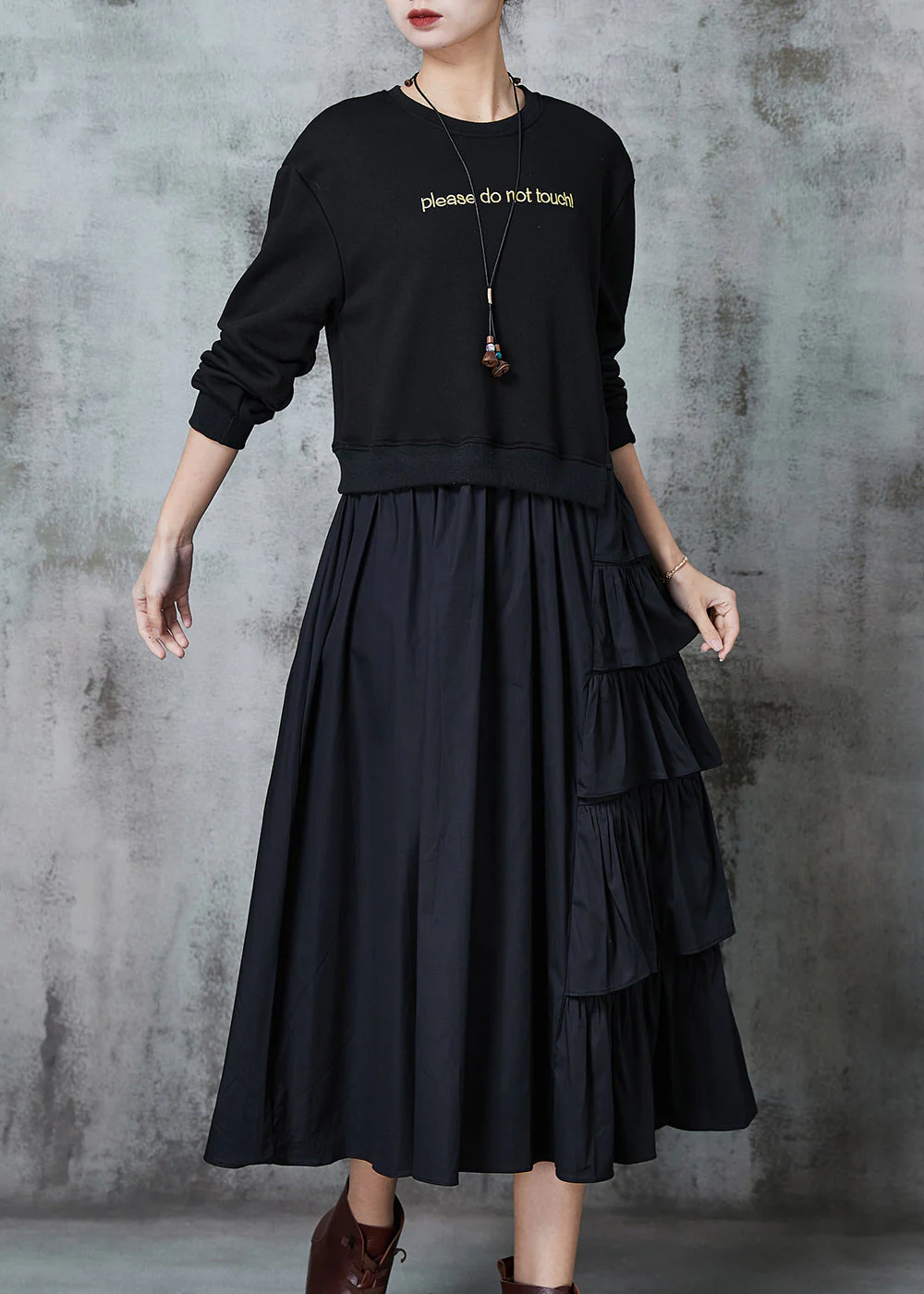 Black Patchwork Cotton Sweatshirt Dress Layered Ruffled Spring - Image 3
