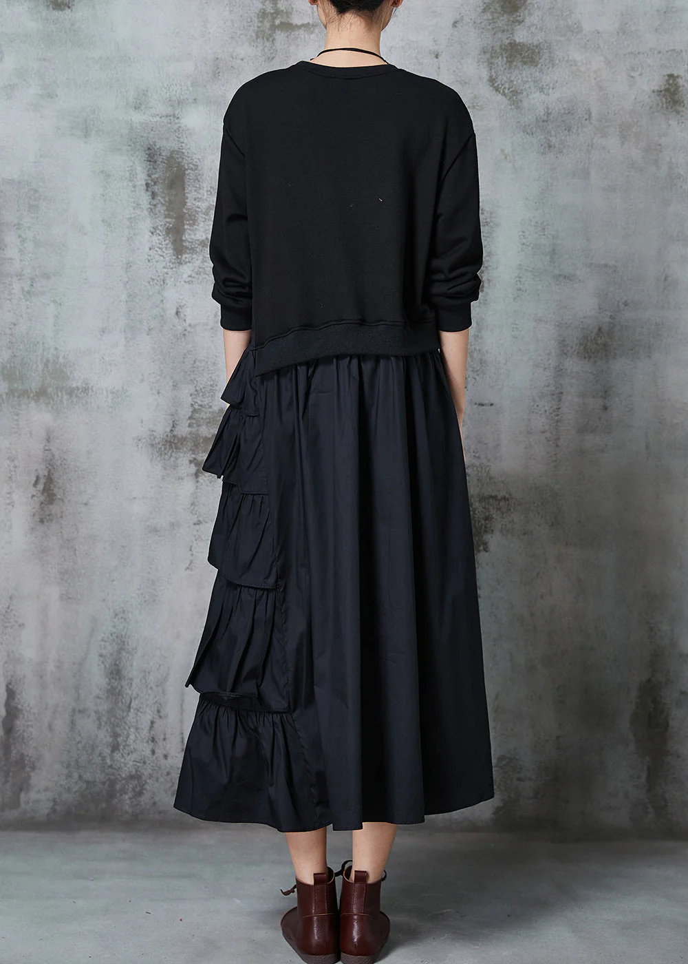 Black Patchwork Cotton Sweatshirt Dress Layered Ruffled Spring - Image 4