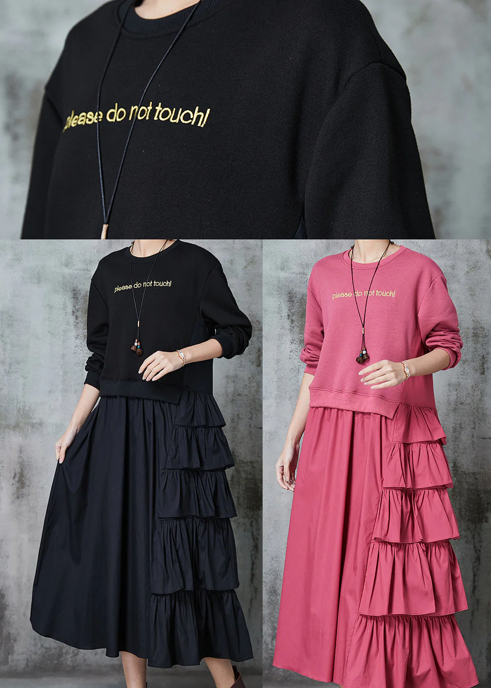 Black Patchwork Cotton Sweatshirt Dress Layered Ruffled Spring - Image 5