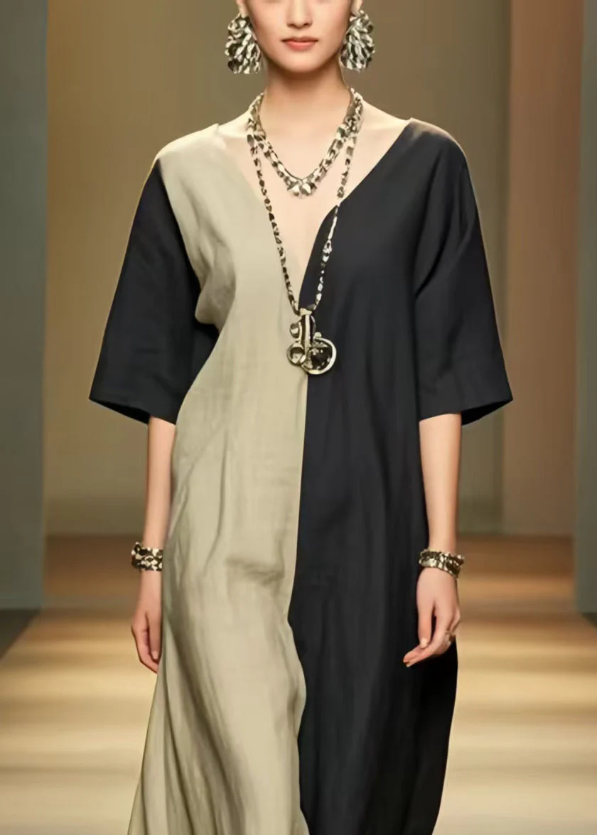 Black Patchwork Cotton Vacation Dresses Asymmetrical Summer - Image 2