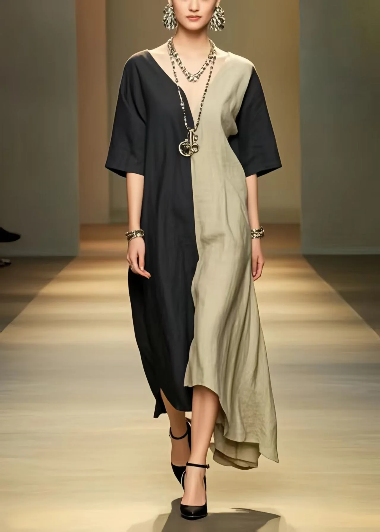 Black Patchwork Cotton Vacation Dresses Asymmetrical Summer - Image 3