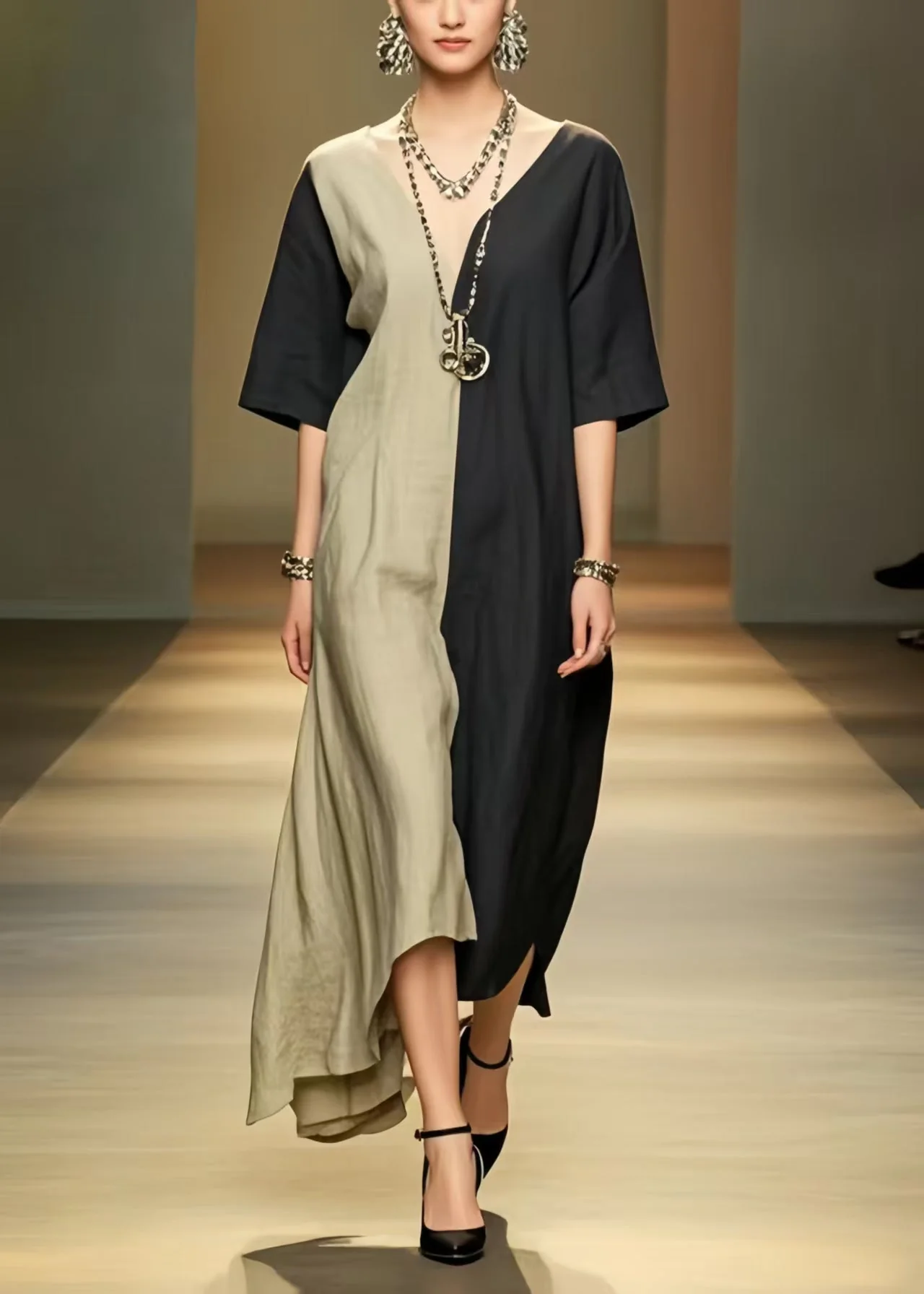 Black Patchwork Cotton Vacation Dresses Asymmetrical Summer - Image 5