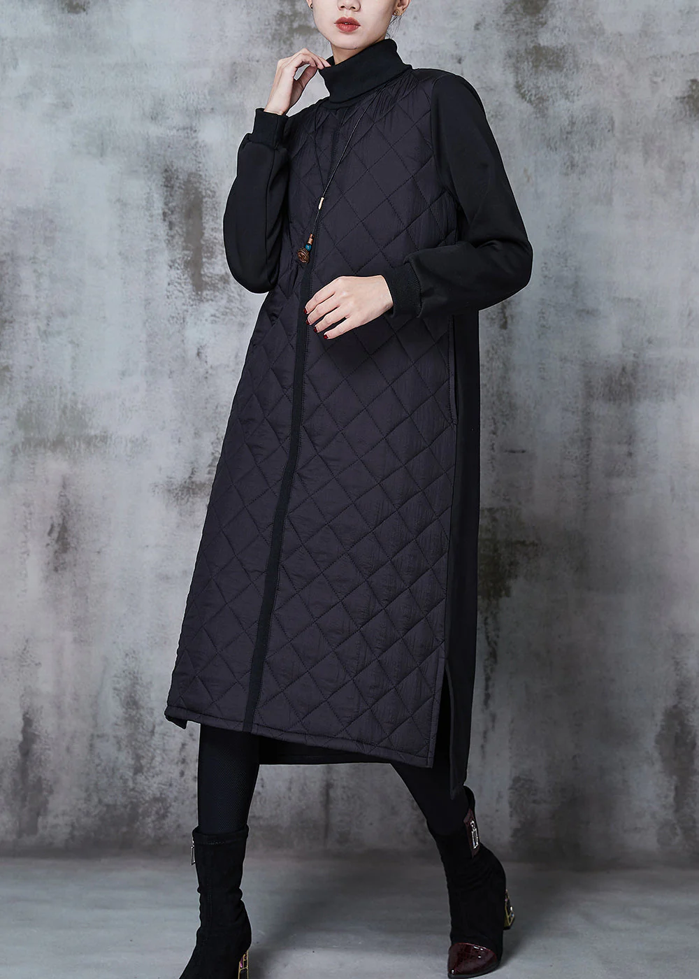 Black Patchwork Fine Cotton Filled Maxi Dress Turtle Neck Spring - Image 2