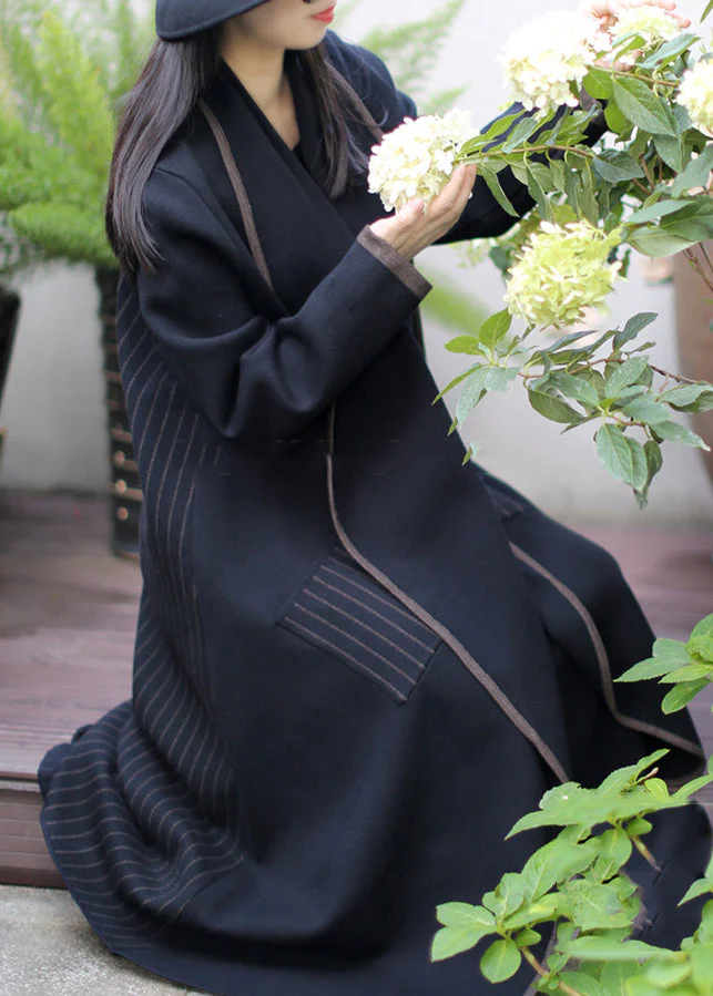 Black Patchwork Knit Coat Outwear Peter Pan Collar Striped Winter - Image 3