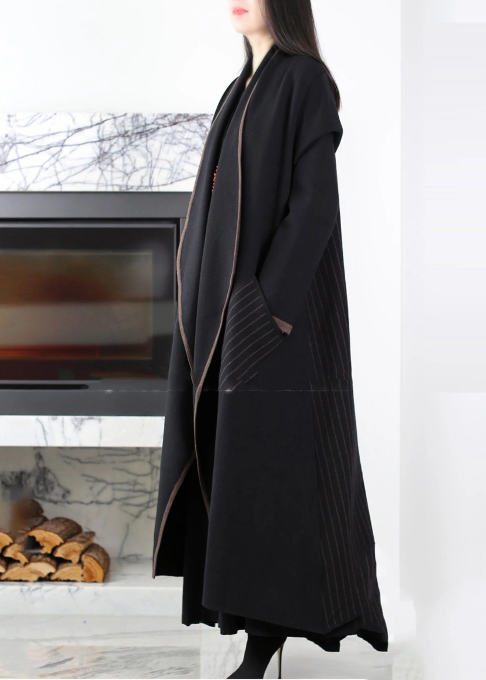 Black Patchwork Knit Coat Outwear Peter Pan Collar Striped Winter - Image 4
