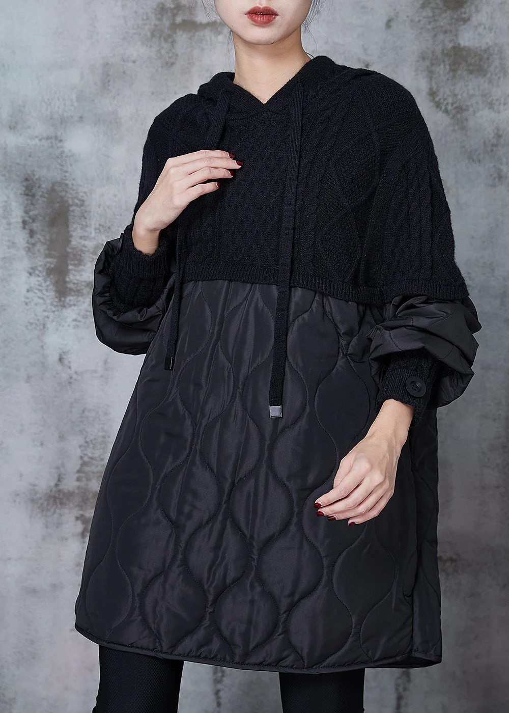 Black Patchwork Knit Cotton Filled Sweatshirt Dress Hooded Spring - Image 2
