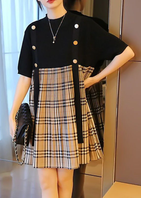 Black Patchwork Knit Fake Two Piece Dress Oversized Plaid Summer - Image 2