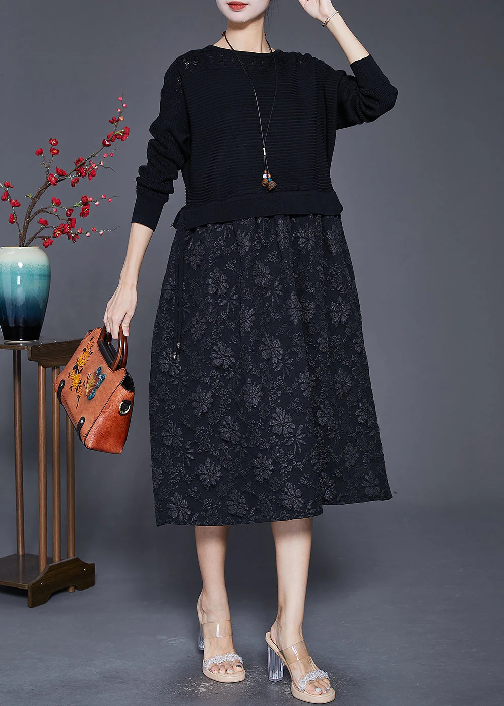 Black Patchwork Knit Holiday Dresses Jacquard Fall - Image 2