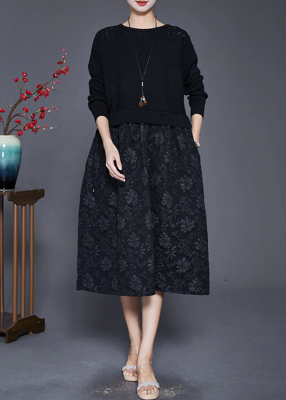 Black Patchwork Knit Holiday Dresses Jacquard Fall - Image 3