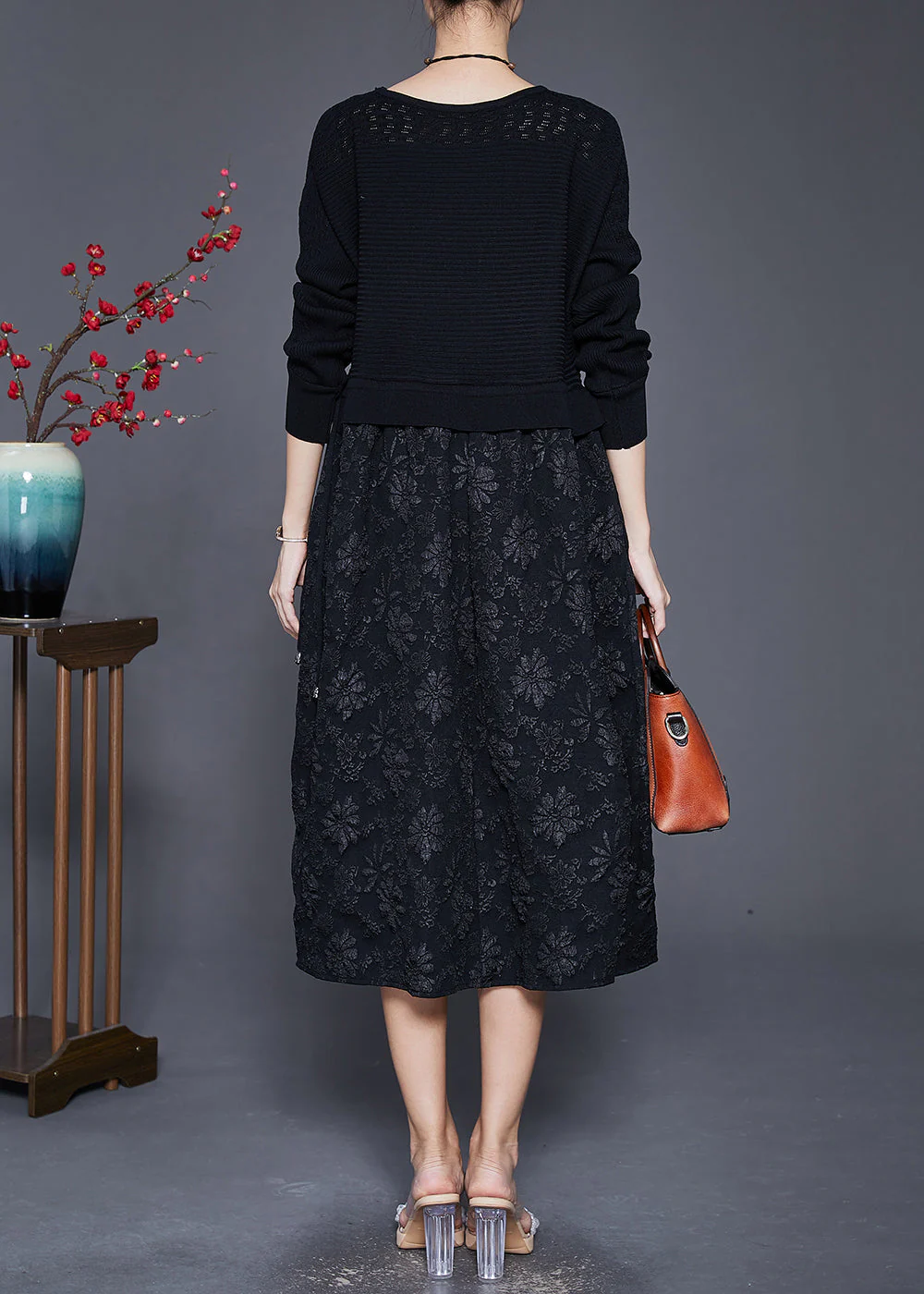 Black Patchwork Knit Holiday Dresses Jacquard Fall - Image 4