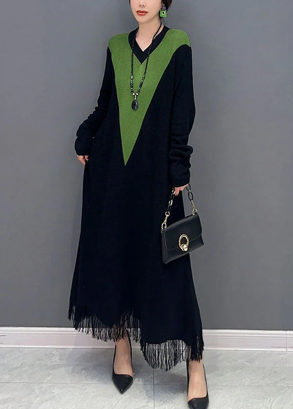 Black Patchwork Knit Long Dress V Neck Tassel Spring - Image 2