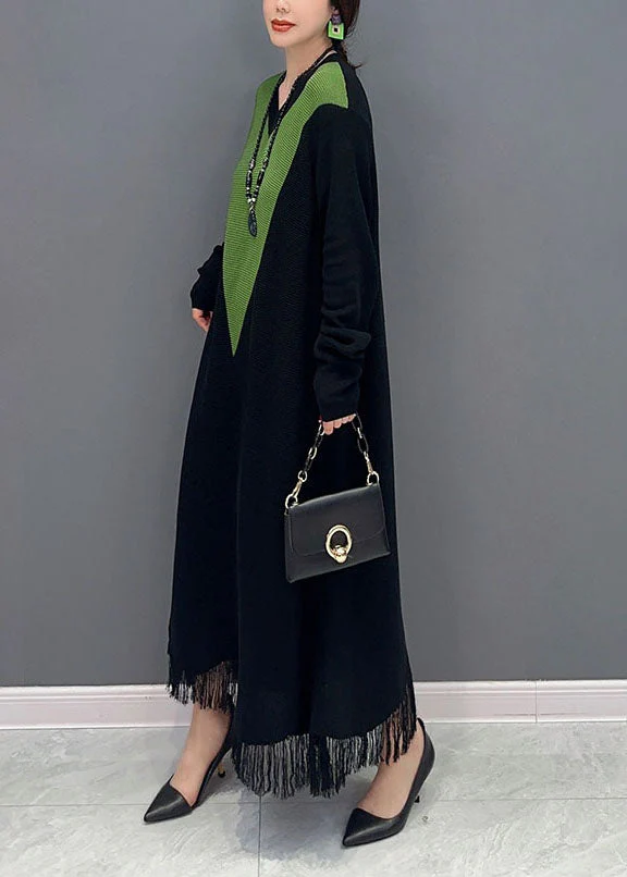Black Patchwork Knit Long Dress V Neck Tassel Spring - Image 3