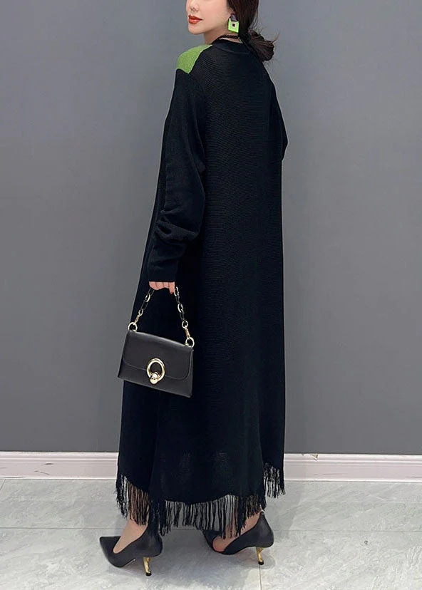 Black Patchwork Knit Long Dress V Neck Tassel Spring - Image 4