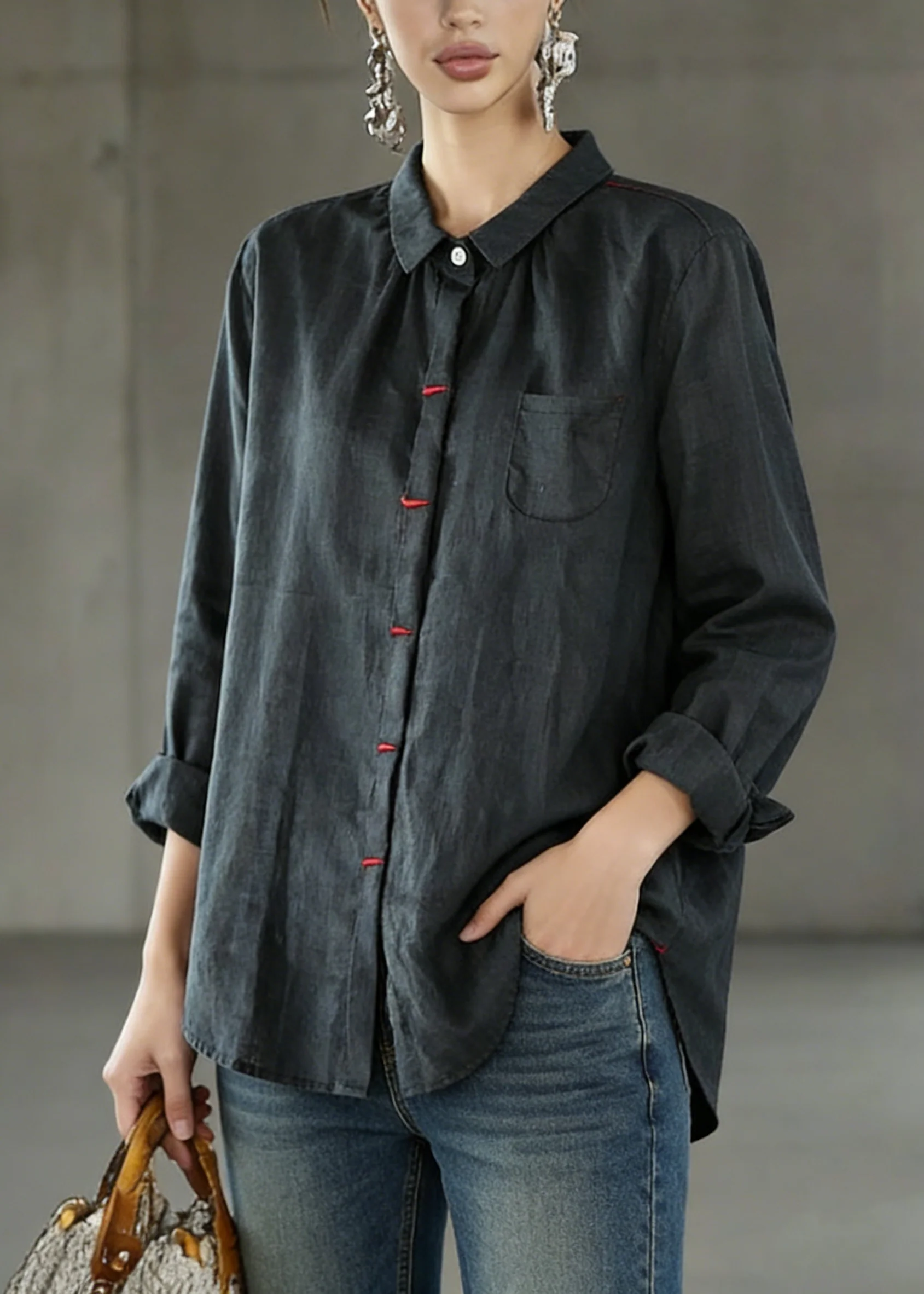 Black Patchwork Linen Shirt Peter Pan Collar Embroideried Spring