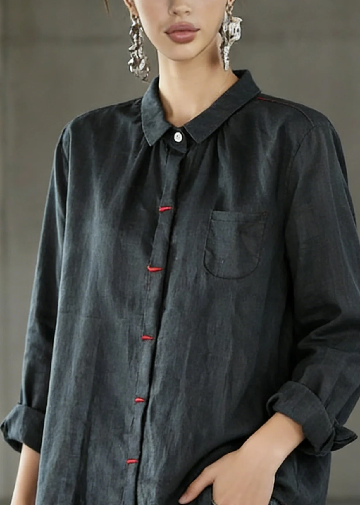 Black Patchwork Linen Shirt Peter Pan Collar Embroideried Spring - Image 2