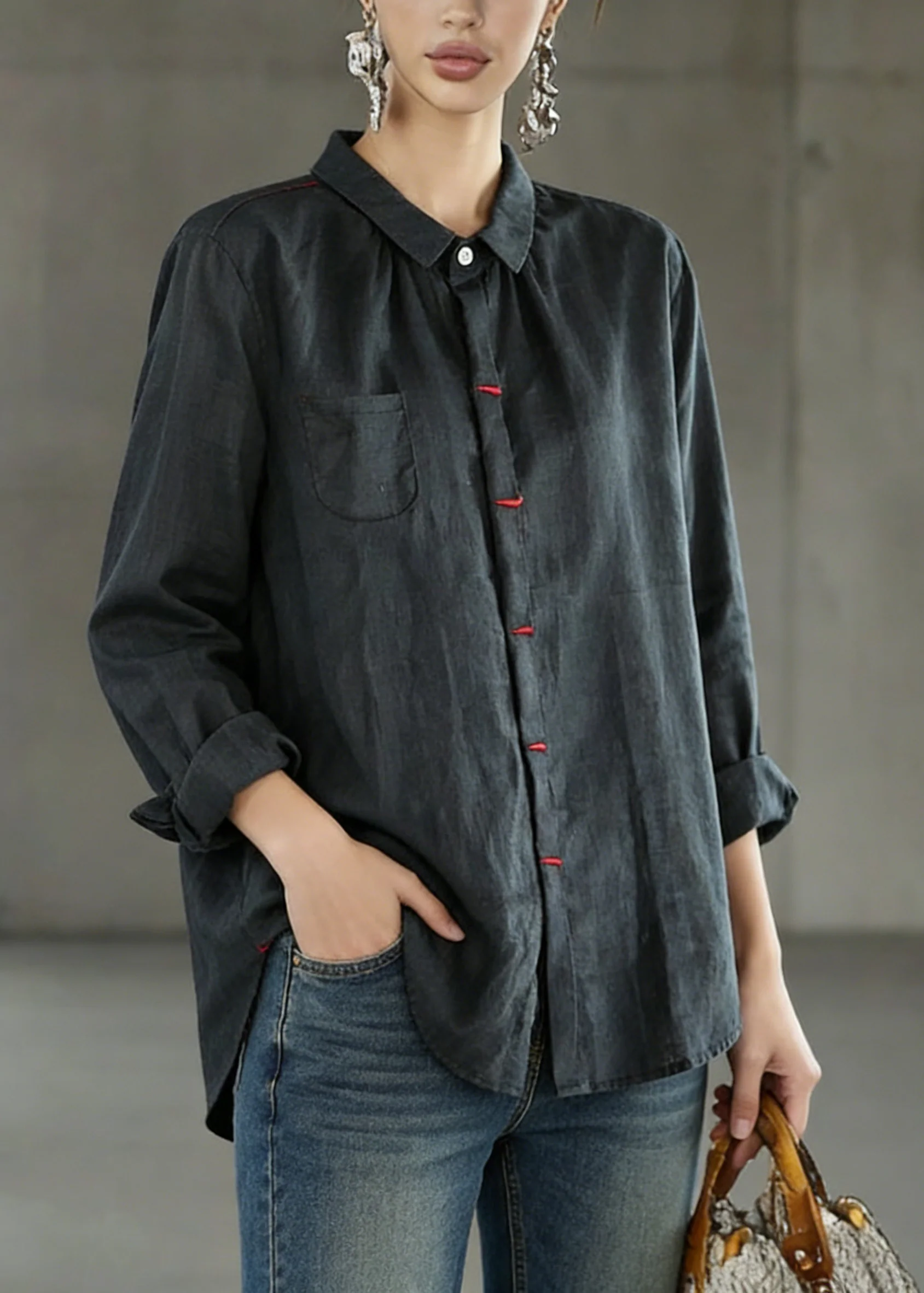Black Patchwork Linen Shirt Peter Pan Collar Embroideried Spring - Image 3